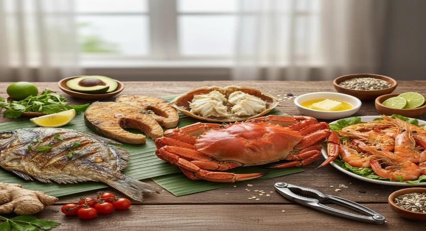 Health Benefits of Pomfret, Anjal, Crab, and Prawns